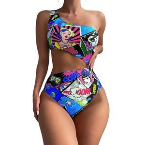 Trendy Y2k XL Blue Pop Art Comic One Shoulder Swimsuit Multicolor Beach Pool